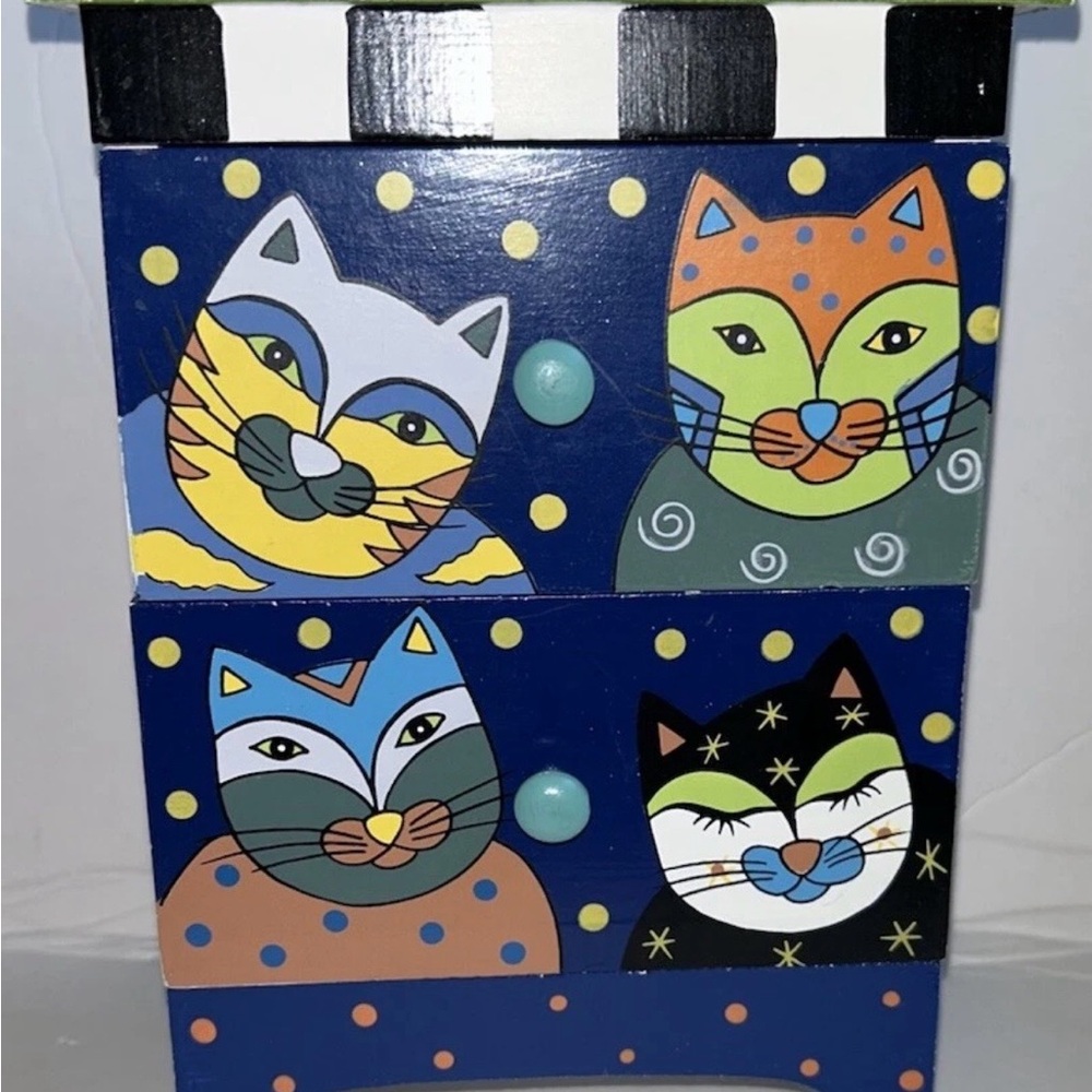 Hand Painted by Milson & Louis Colorful Cat Decorative Wood Jewelry Box